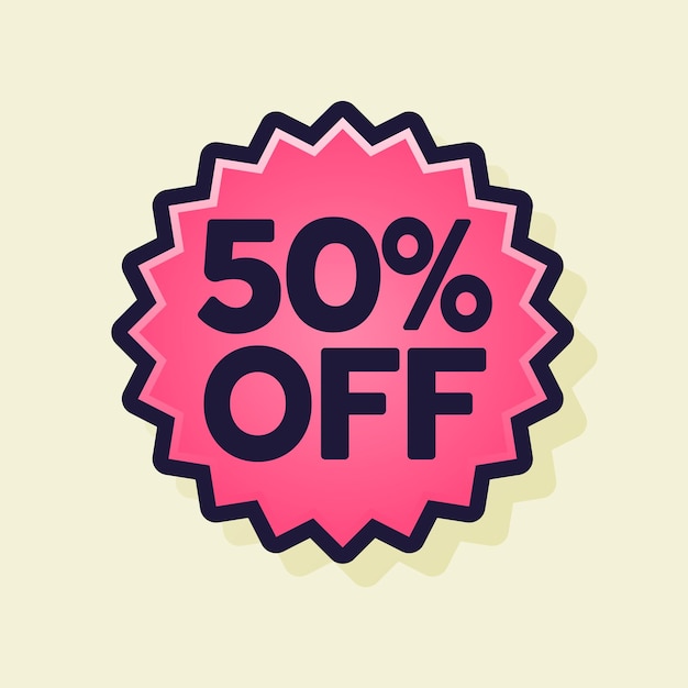 Esta insignia promocional destaca un descuento de 50 OFF diseñado para atraer a los clientes