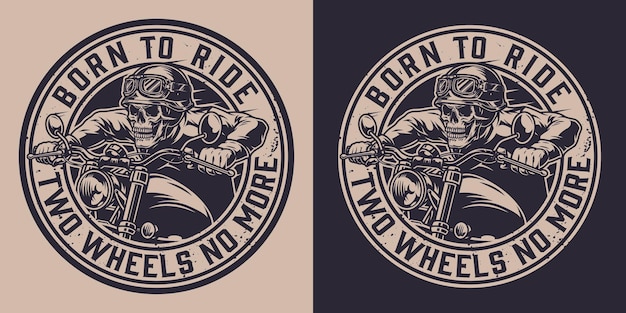 Vector insignia redonda monocromática de motocicleta vintage con leyendas y esqueleto en casco de motociclista montando moto