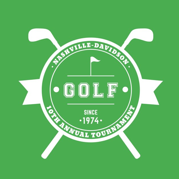 Insignia redonda del torneo de golf, cartel con palos de golf cruzados, blanco sobre verde, ilustración vectorial