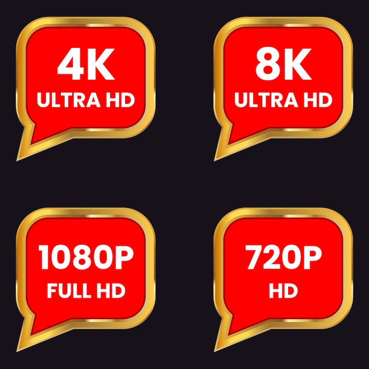 Vector insignia de resolución 8k ultra hd, 4k ultra hd, 1080p full hd, 720p hd