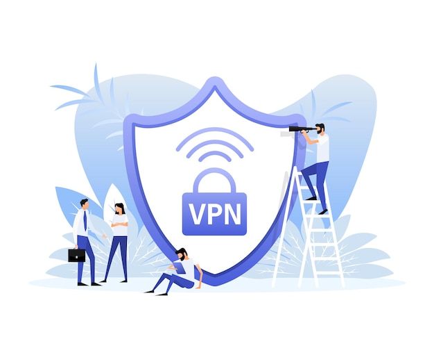 Insignia segura plana azul vpn sobre fondo blanco caracteres de estilo plano