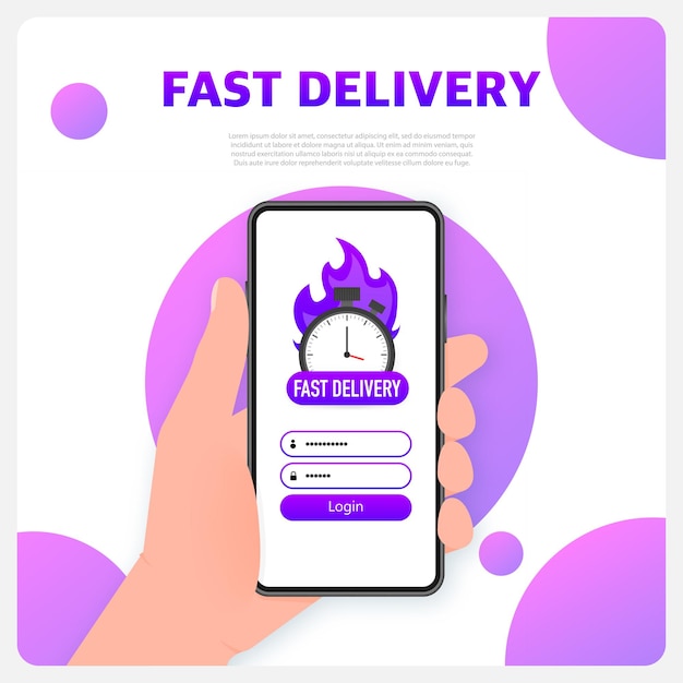 Vector insignia de servicio de entrega urgente con teléfono inteligente orden de entrega rápida con