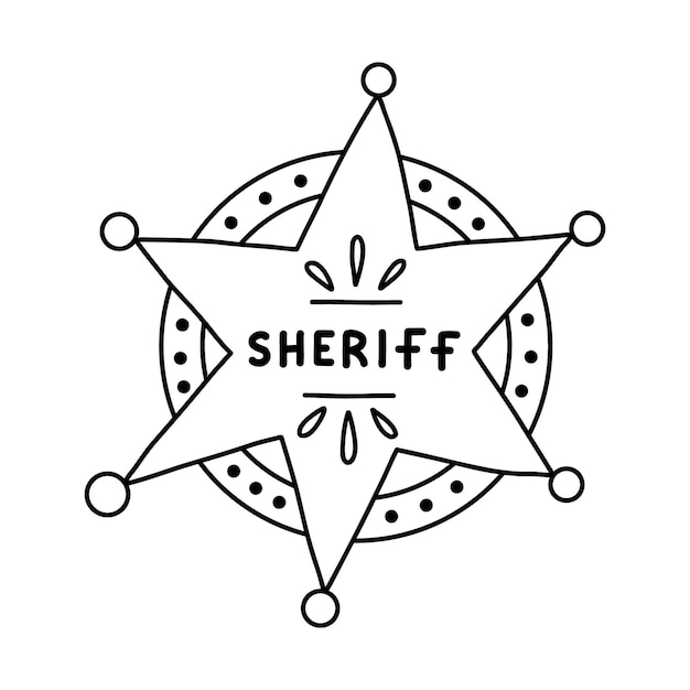 Insignia de sheriff doodle en forma de estrella con contorno dibujado a mano lindo emblema hexagonal de la policía occidental signo de ley seguridad justicia símbolo de vaquero del salvaje oeste con escudos aislados en el fondo