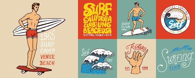 Insignia de surf y palmera de olas y trópicos oceánicos y hombre de california en el verano de tablas de surf