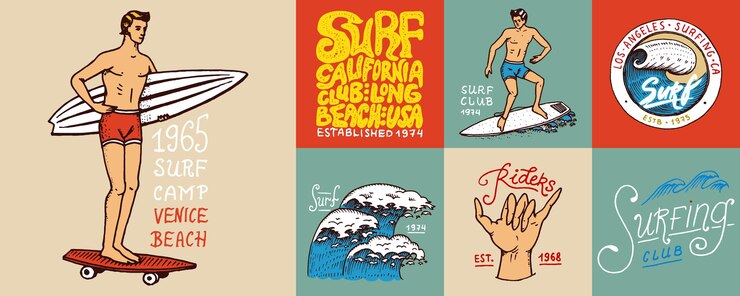 Vector insignia de surf y palmera de olas y trópicos oceánicos y hombre de california en el verano de tablas de surf
