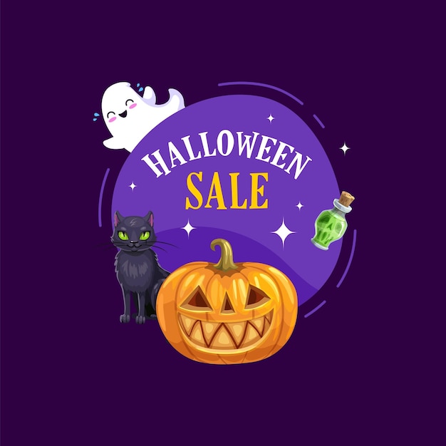 Insignia de venta de halloween con personaje de calabaza festiva kawaii fantasma de gato negro espeluznante y botella de poción en mancha de ameba etiqueta festiva vectorial púrpura aislada o pancarta con gatito linterna jack y fantasma