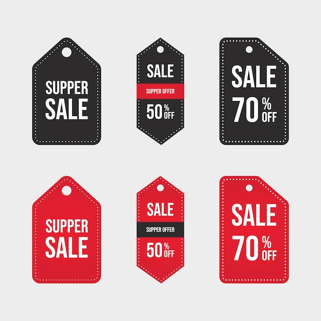 Insignia de ventas negra y roja. Colección de pegatinas de descuento. Super oferta 50% etiqueta de descuento con color negro y rojo. Vector de cupón de descuento Super Sale. Ofrecer colección de distintivos. Juego de insignias de mega venta.