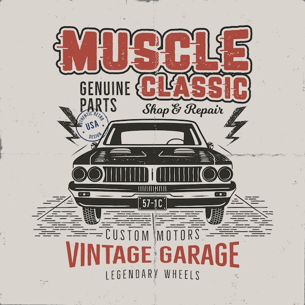 Insignia vintage en estilo retro con coche y texto.
