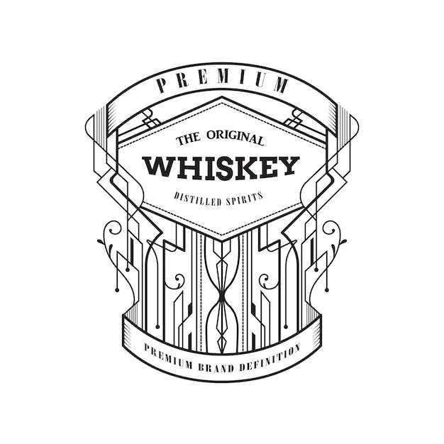 Vector insignia vintage etiqueta de whisky de línea delgada banner dibujado a mano vector de diseño retro