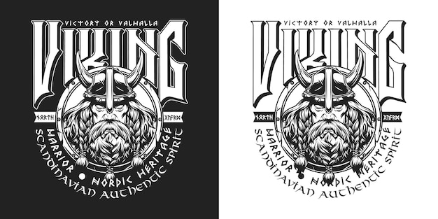 Insignia vintage de guerrero escandinavo medieval en estilo monocromo con inscripciones y cabeza de vikingo en casco con cuernos