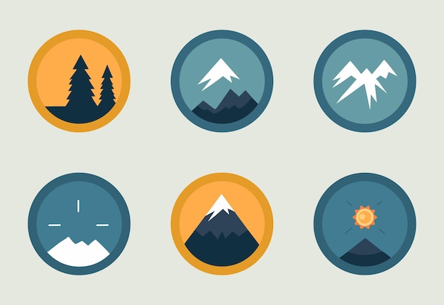 Insignias de aventura Montaña colinas bosque naturaleza paisaje iconos colección Vector ilustración