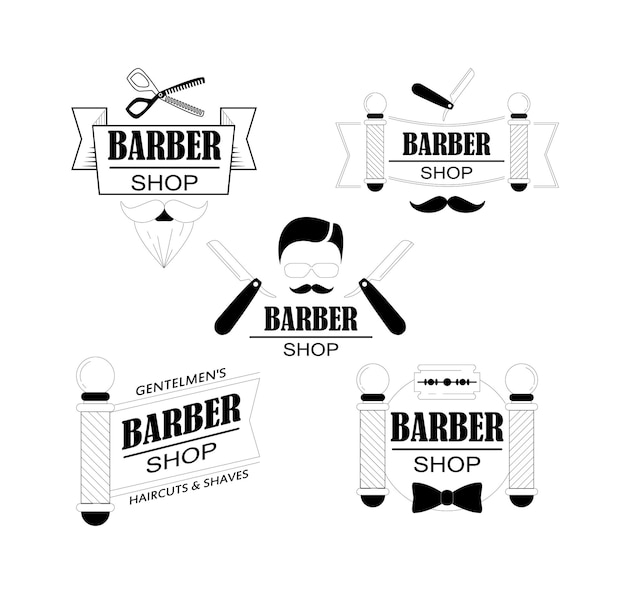 Las insignias de una barbería, la etiqueta de barbero vintage, la insignia de un salón de afeitado retro y el viejo letrero de corte de pelo de caballero.
