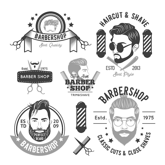 Las insignias de una barbería, la etiqueta de barbero vintage, la insignia de un salón de afeitado retro y el viejo letrero de corte de pelo de caballero.