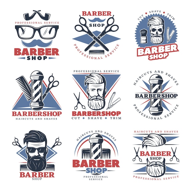 Las insignias de una barbería, la etiqueta de barbero vintage, la insignia de un salón de afeitado retro y el viejo letrero de corte de pelo de caballero.