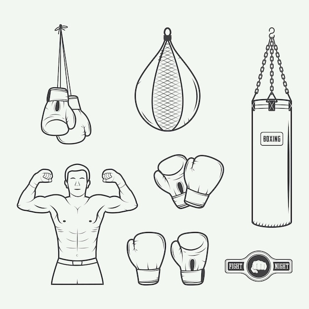Insignias de boxeo y artes marciales, etiquetas y elementos de diseño en estilo vintage. Ilustración vectorial