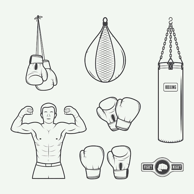 Insignias de boxeo y artes marciales, etiquetas y elementos de diseño en estilo vintage. ilustración vectorial