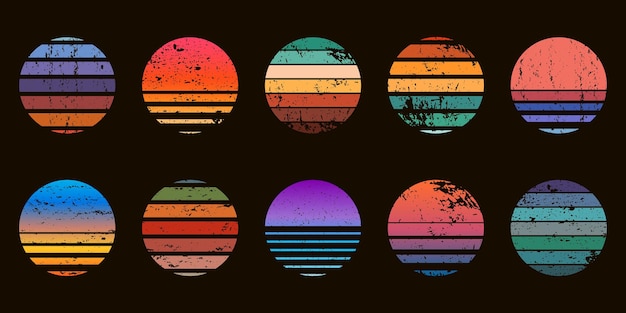 Vector insignias de círculo al atardecer de océano abstracto retro de los años 90. amanecer gráfico de playa de surf con textura degradada y grunge. conjunto de vector de puesta de sol vintage de neón