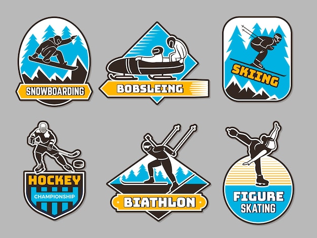Insignias de deportes de invierno Símbolos y emblemas de actividades de acondicionamiento físico de invierno Esquí snowboard biatlón recientes plantillas de identidad de negocios vectoriales de insignia de invierno Ilustración de actividades deportivas de acondicionamiento físico