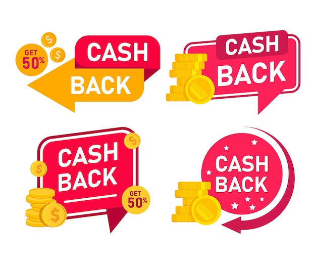 Las insignias de devolución de dinero son un conjunto de iconos planos de vector.