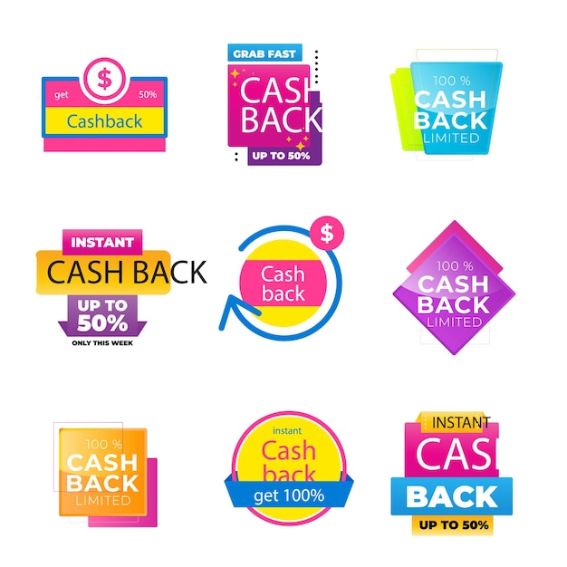 Las insignias de devolución de dinero son un conjunto de iconos planos de vector.