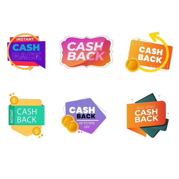 Las insignias de devolución de dinero son un conjunto de iconos planos de vector.