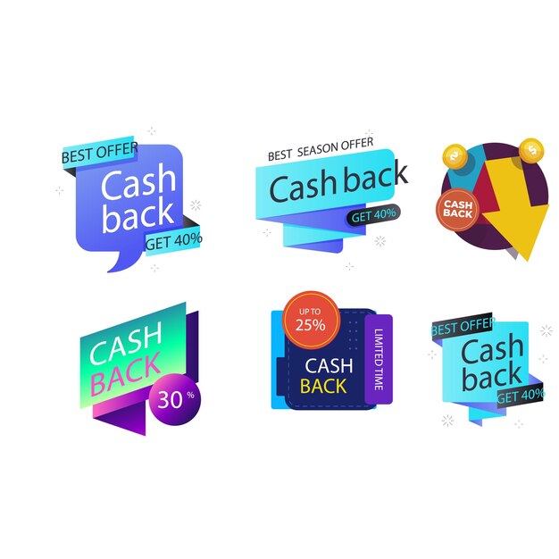 Las insignias de devolución de dinero son un conjunto de iconos planos de vector.