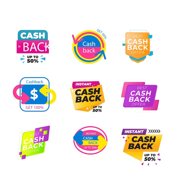 Las insignias de devolución de dinero son un conjunto de iconos planos de vector.
