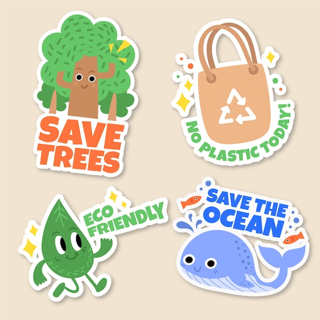 Vector insignias de ecología dibujadas a mano con árbol y ballena