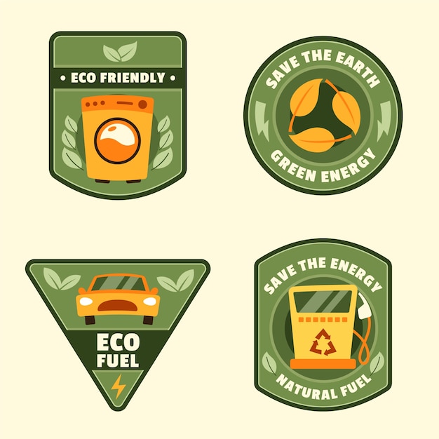 Insignias de ecología de diseño plano dibujado a mano