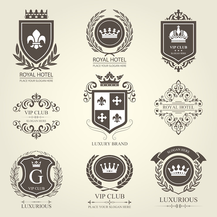 Vector insignias y emblemas heráldicos de lujo con escudos y coronas