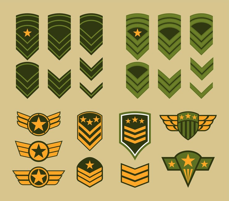 Vector insignias de emblemas de rayas militares signos de diferentes tipos de rangos de tropas ilustración vectorial