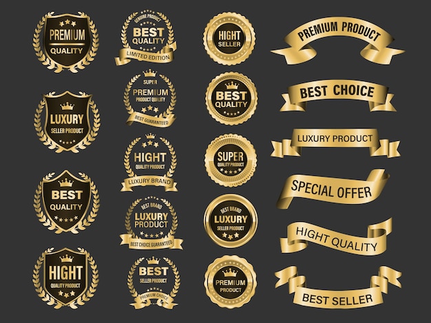 Insignias de etiquetas de calidad premium de lujo dorado sobre fondo gris