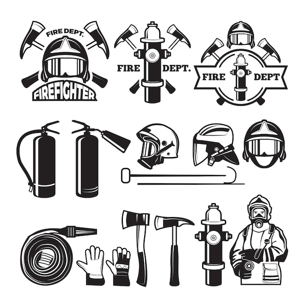 Insignias y etiquetas para el departamento de bomberos. emblema de bombero y departamento de bomberos, ilustración