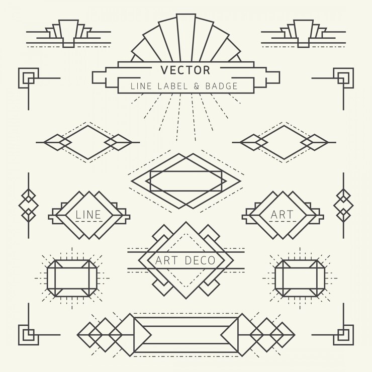 Vector insignias y etiquetas geométricas lineales de estilo art deco, elementos gráficos monocromos