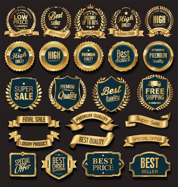 Insignias y etiquetas de venta dorada
