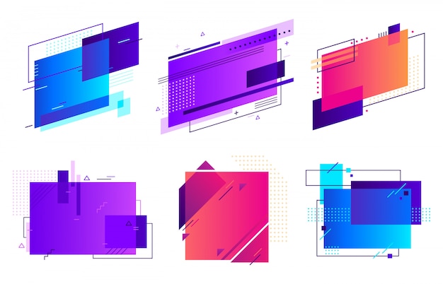 Vector insignias geométricas rectangulares. marco de moda, conjunto de fondo de diseño de plantilla de marcos de gradientes mínimos y abstractos