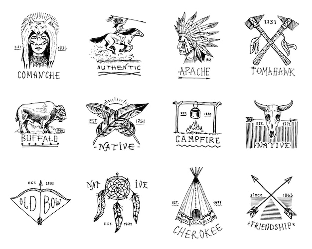 Vector insignias indias y etiquetas de nativos americanos conjunto de elementos hachas de búfalo vintage grabadas a mano y flechas de tienda y atrapasueños de calavera de arco y tomahawk cherokee