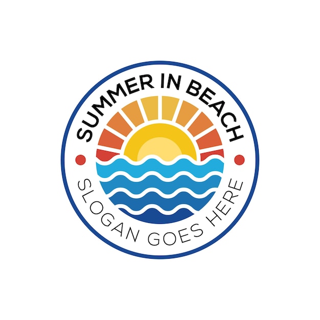 Insignias de insignias de la isla de la costa de la playa de verano, el mar océano y el logotipo de los rayos del sol de verano