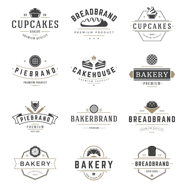 Las insignias y el logotipo de la tienda de la panadería diseñan las plantillas fijadas vector, comida de los pasteles o logotipos de la casa del horneado