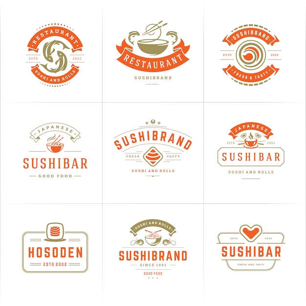 Insignias y logotipos de restaurantes de sushi establecen comida japonesa con rollos de salmón sushi