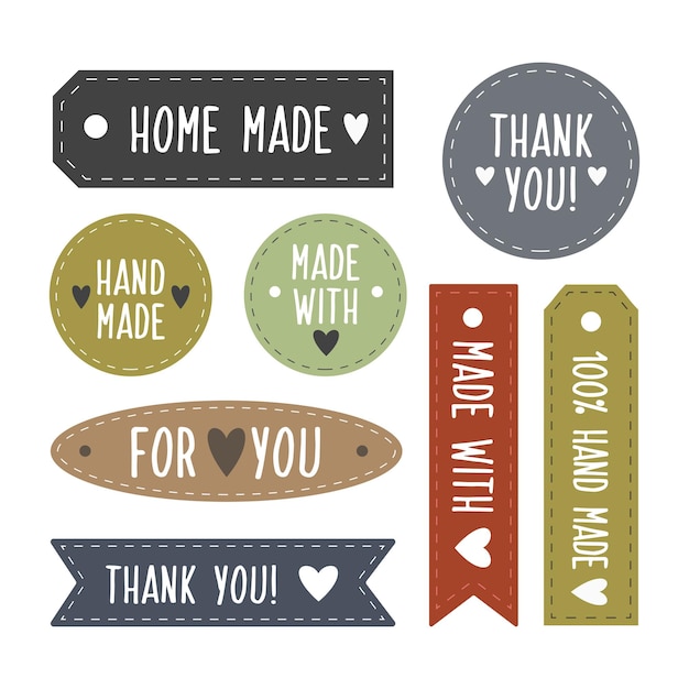 Insignias de moda y manualidades hechas a mano con diferentes inscripciones. Establecer etiqueta dibujada a mano. Ilustración vectorial