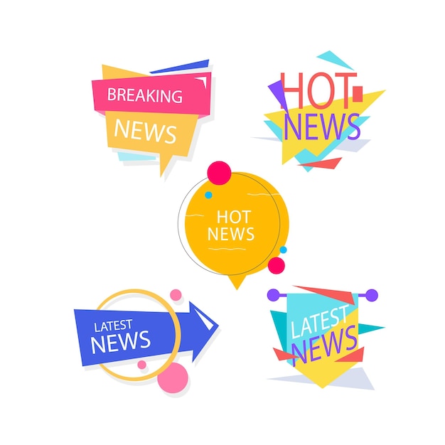 Insignias de noticias Diarios y revistas frenando las últimas y calientes pegatinas de noticias Anuncio vectorial geométrico