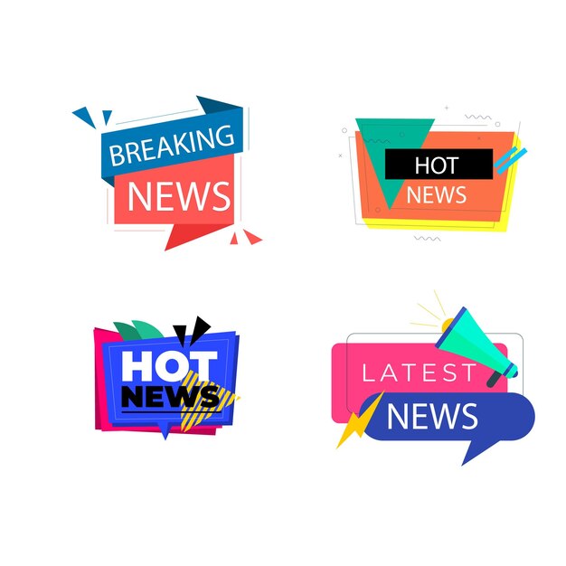 Insignias de noticias Diarios y revistas frenando las últimas y calientes pegatinas de noticias Anuncio vectorial geométrico