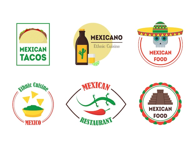 Insignias o etiquetas de cocina de comida mexicana para un bar, restaurante o pub. Estilo de diseño plano. . Ilustración vectorial