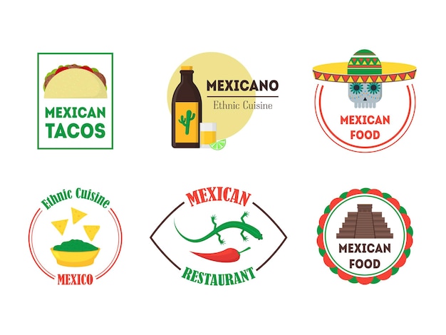 Vector insignias o etiquetas de cocina de comida mexicana para un bar, restaurante o pub. estilo de diseño plano. . ilustración vectorial