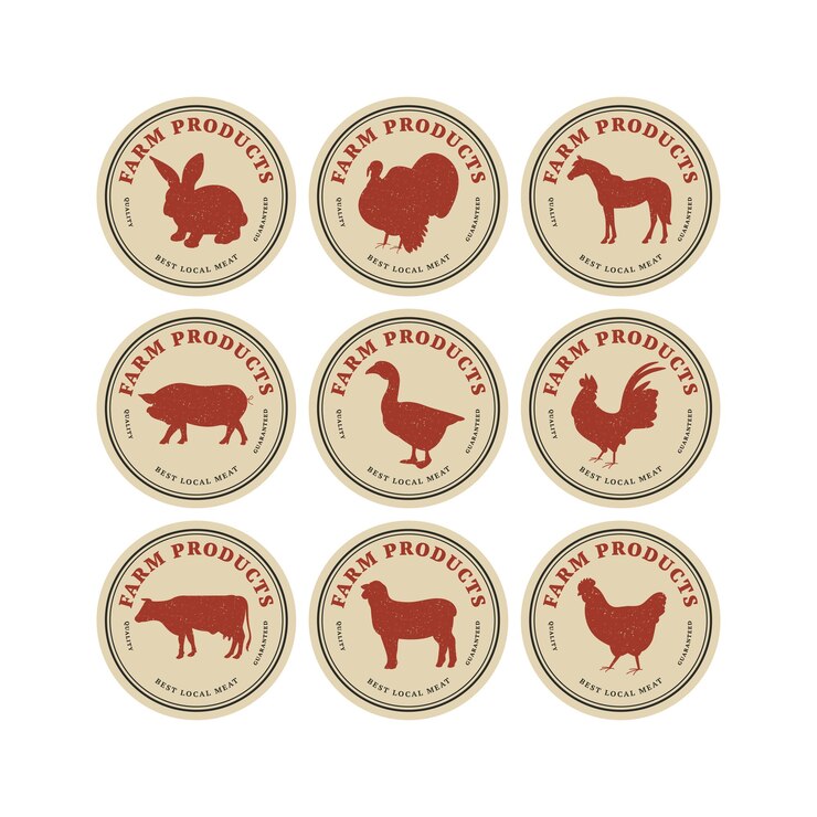 Insignias o etiquetas de plantilla lineal de diseño vectorial - animales de granja. Símbolo abstracto para carne pro o carnicería.