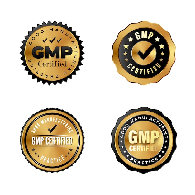 Insignias de oro de lujo con certificación GMP. Pegatinas industriales para productos premium con etiqueta Good Manufacturing Practice. Conjunto de sellos certificados GMP