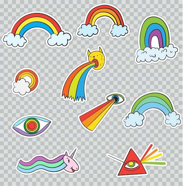Insignias de parche con Fancy Rainbows. Ilustración vectorial aislada sobre fondo transparente. Set Pack de pegatinas, alfileres, parches en dibujos animados de los años 80 - 90 al estilo cómico.