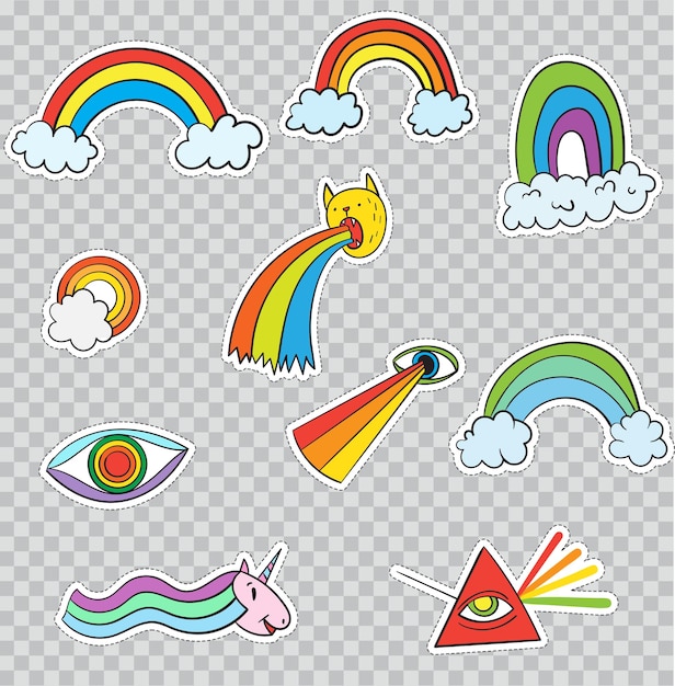 Insignias de parche con Fancy Rainbows. Ilustración vectorial aislada sobre fondo transparente. Set Pack de pegatinas, alfileres, parches en dibujos animados de los años 80 - 90 al estilo cómico.