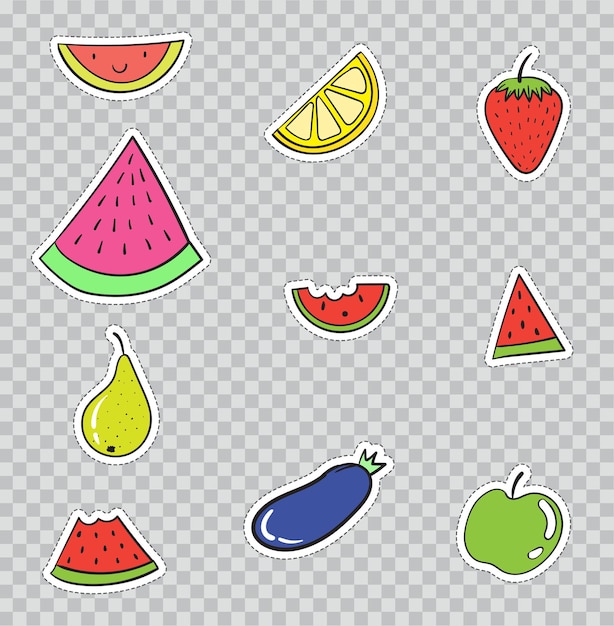 Insignias de parche con frutas y sandías. ilustración vectorial aislada sobre fondo transparente. set pack de pegatinas, alfileres, parches en dibujos animados de los años 80 - 90 al estilo cómico.